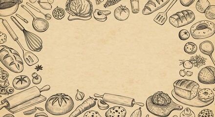 Rustic Kitchen Illustration Baking & Cooking Ingredients Border