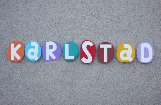 Fototapeta Karlstad, Sweden, seat of Karlstad Municipality, the capital of Värmland County, and the largest city in the province Värmland in Sweden. Souvenir composed with multi colored hand painted stone letter