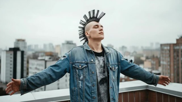 Young man with mohawk in denim jacket on rooftop