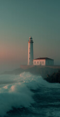 Lighthouse stands tall against crashing waves at sunset in a coastal location