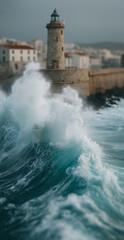 Powerful ocean waves crashing against the stone pier near a historic lighthouse at dusk