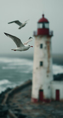 Seagulls soar near a lighthouse during a stormy coastal day with waves crashing against the shore