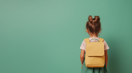 Young girl with a backpack standing against a green background in a playful setting