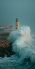 Coastal lighthouse withstands towering waves during a stormy day at the shoreline