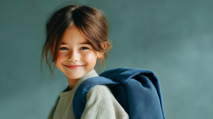 Smiling girl with backpack ready for school in a calm indoor setting during daylight