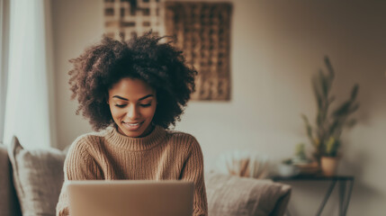 Young woman engages with a laptop while sitting comfortably at home in a cozy and inviting living space