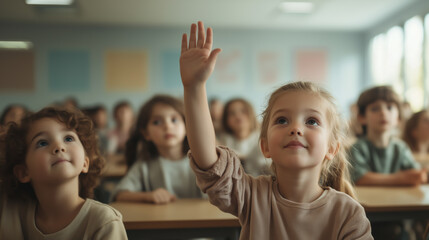 Young children engage in a classroom setting during a lesson while raising their hands to answer questions