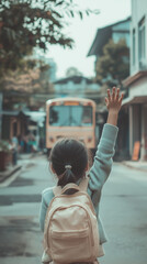 Child with backpack waves to bus on a quiet street in the afternoon