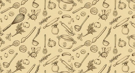 Fototapeta premium Hand-Drawn Kitchen Utensils and Vegetables Seamless Pattern