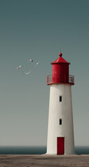 Lighthouse with red top stands alone at the shore under a hazy sky while birds soar above the calm sea