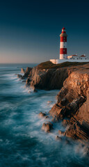 Lighthouse standing tall on rocky coast during twilight with waves crashing against cliffs
