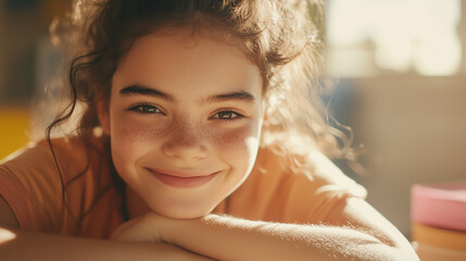 Girl with curly hair smiles warmly while resting her chin on her hands in a bright indoor setting during daytime