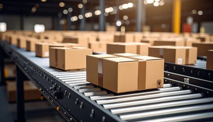 Automated Cardboard Boxes Moving On Conveyor Belt System in Warehouse Distribution Center