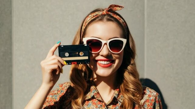 Smiling woman with retro cassette tape and sunglasses