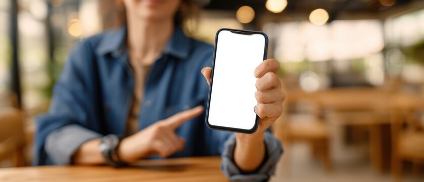 The woman holding a smartphone with a blank screen in a relaxed cafe setting.