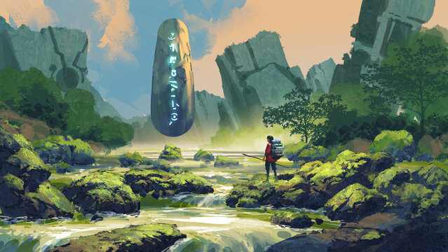 Fototapeta An ancient glowing monolith floats above a mossy jungle creek, observed by a lone explorer in a mysterious ruin, digital art style, illustration painting