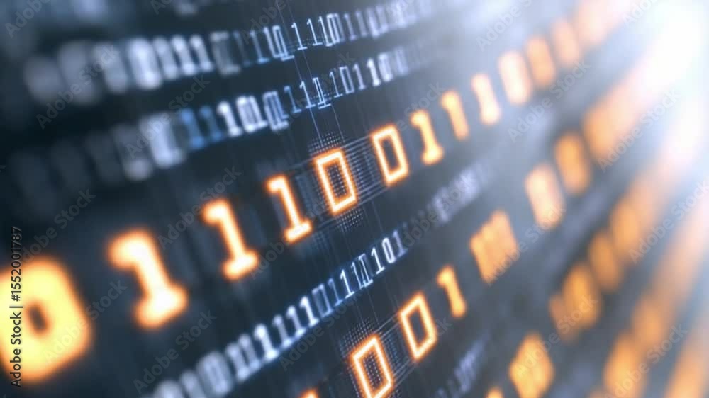 Poster Binary Code: A digital abstraction in the realm of technology, where the essence of information is encoded in a visual stream of zeros and ones, illuminated in glowing shades of amber.