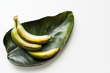 Photo of bananas on a white background with a banana leaf, top view, with copy space.