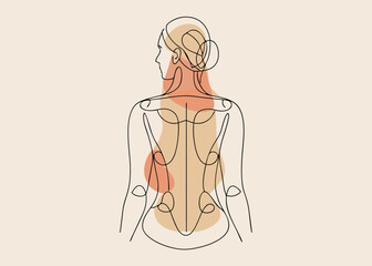 Woman back pain illustration, minimalist style, beige and coral, for medical websites