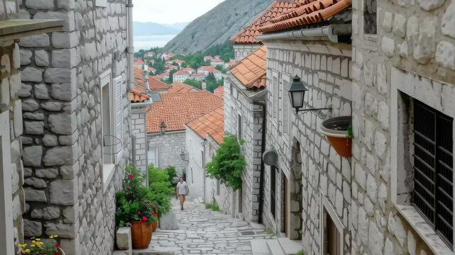 Cobblestone street lined with stone houses in a coastal village during a cloudy day