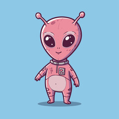 Cute Pink Alien Character Illustration with friendly face, isolated on blue background