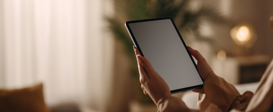 The tablet being held by a woman in a cozy indoor setting.