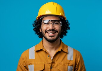 밝은 배경의 긍정적 미소 건설 노동자 초상화