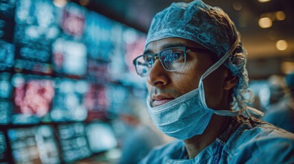 Medical professional analyzing data in a busy surgical room while preparing for a procedure at a healthcare facility