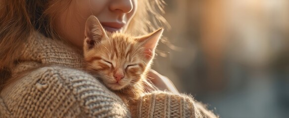 The woman cuddles a sleeping kitten in a cozy sweater during sunset.
