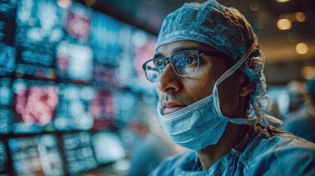 Medical professional analyzing data in a busy surgical room while preparing for a procedure at a healthcare facility
