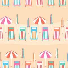 Seaside beach vacation vector seamless pattern. Colorful striped parasols, sun loungers in a row on beige sand background. Fun playful coastal holidays repeat design. Summer sunny island resort tile