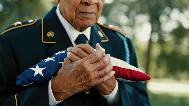 Elderly African American veteran holding folded flag Outdoors