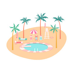 Tropical vacation poolside scene vector illustration. Round pool with diving board, palm trees colorful lounger chairs, parasol, lifeguard chair on beach sand background. Summer resort composition