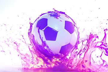 A vibrant soccer ball splashes through purple liquid, creating dynamic motion and energy