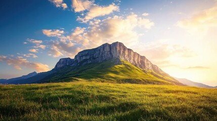 Obraz premium Majestic Mountain Peak Surrounded by Lush Green Hills and Bright Blue Sky at Sunrise