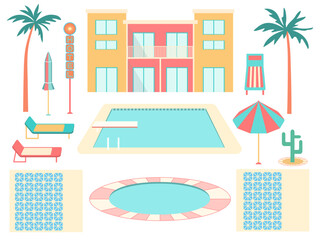 Summer vacation hotel poolside scene vector set. Flat cartoon illustrations. Palm trees, colorful motel building, parasol, lounger chairs, swimming pool isolated on white for tropical tourism design