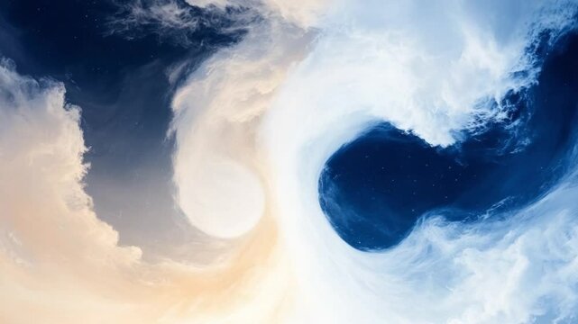 Celestial Yin and Yang: A breathtaking aerial view of clouds forming a perfect Yin and Yang symbol, evoking a sense of balance, harmony, and the interconnectedness of opposites.