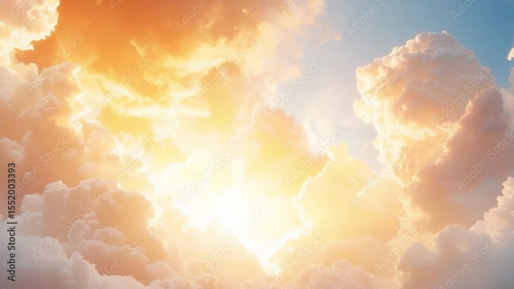 Poster heavenly glow: a radiant display of clouds and sunlight, creating a serene and ethereal atmosphere. 