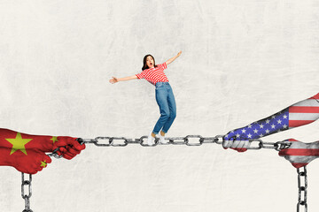Composite image montage trend artwork collage of china america hand hold chain young lady stand...