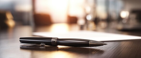 The elegant pen resting on a stylish office desk with a blurred background.