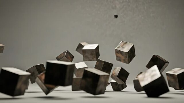 Falling metal cubes on neutral background