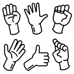 Digital illustration showcases six distinct hand gestures rendered in a clean, black and white line art style. The hands are depicted from various angles and include poses such as an open palm.
