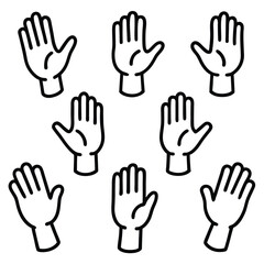 Fototapeta premium Eight black-and-white line drawings of open hands with fingers spread, arranged in a circular pattern, depicted in a simple, cartoon-like style.
