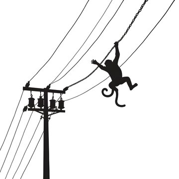 Silhouette of a monkey hanging from an electric power line near a transmission pole