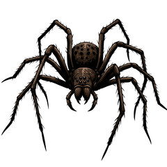 Detailed Illustration of a Dark Spider with Prominent Legs on a White Background
