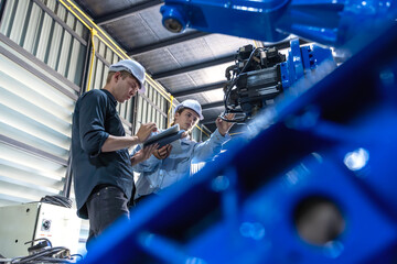 Caucasian robotic artificial intelligent engineers maintaining and working with innovation robot...
