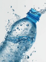 Clear plastic bottle filled with liquid and many water droplets on a light background surface