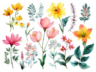 A symmetrical arrangement of uniquely shaped watercolor flowers blooms vibrantly, showcasing hues from delicate pinks to deep blues, creating an enchanting floral harmony