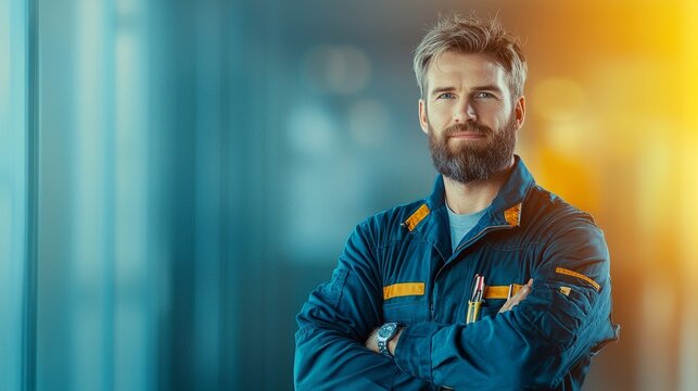 Professional industrial worker in a modern workplace portrait photography bright indoor environment confident stance