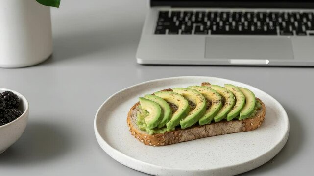 Avocado toast on plate next to laptop and berries table